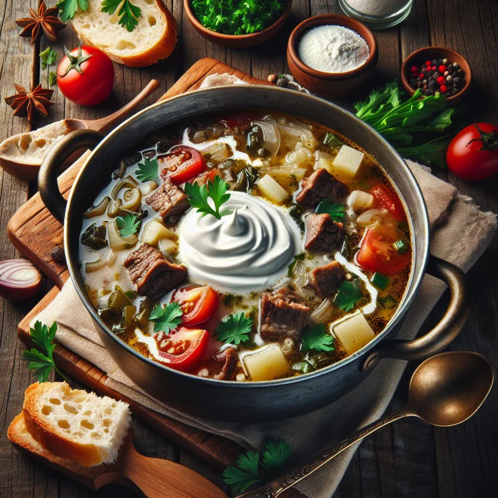 Bowl of Moldovan tripe soup with soured cream and fresh dill