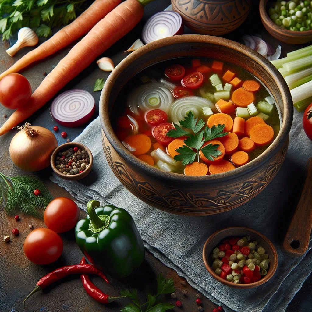 Bowl of Moldovan vegetable soup with carrots, potatoes and fresh herbs
