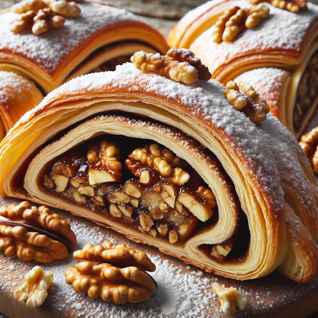 Small golden walnut-filled pastry crescents dusted with icing sugar