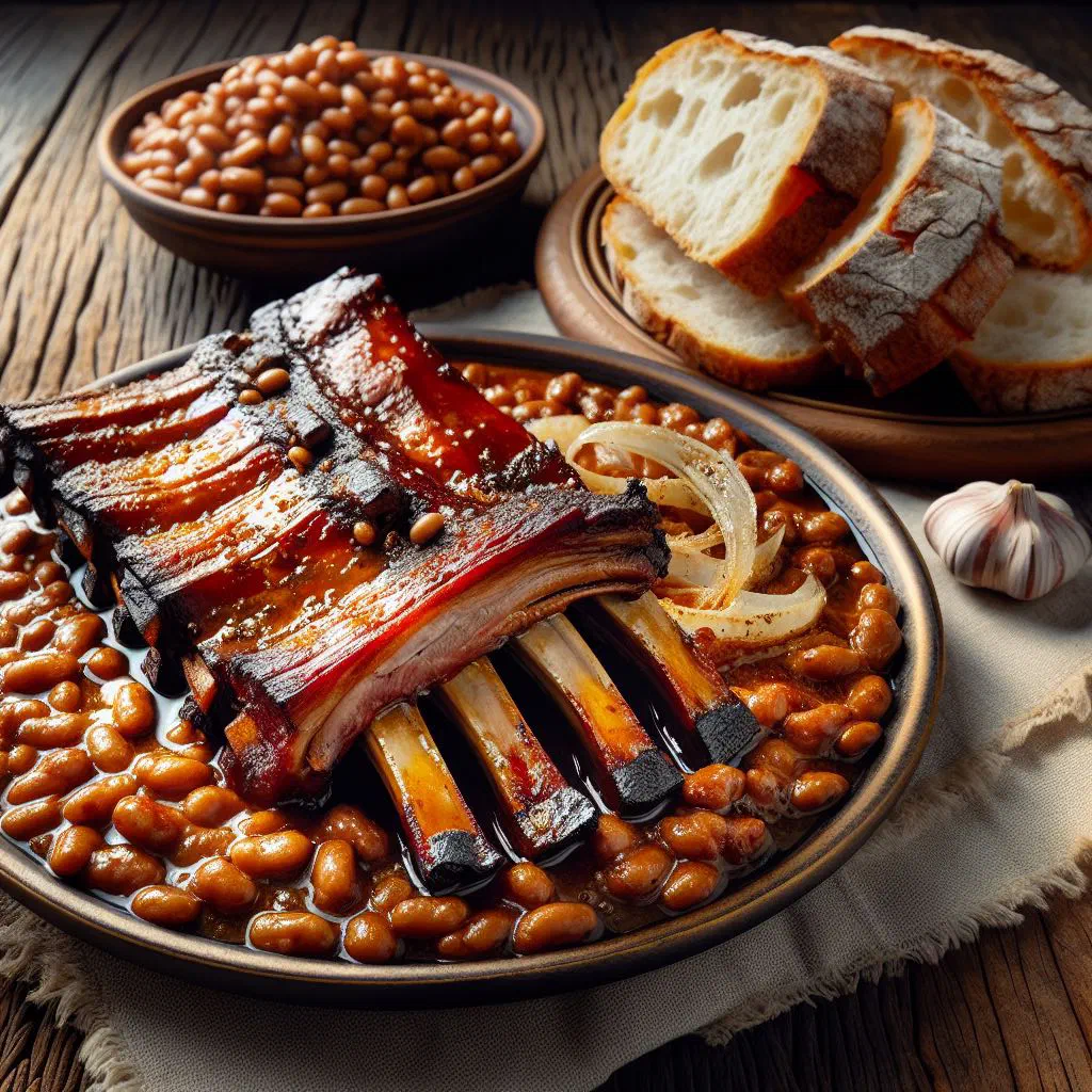 Smoked pork ribs with white beans, garnished with fresh parsley