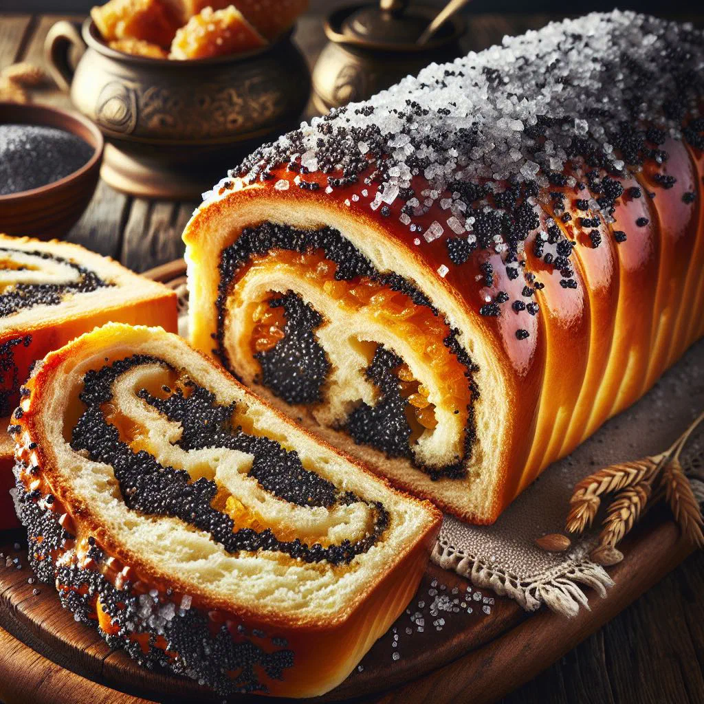 Sliced cozonac cu mac showing dark poppy seed swirls in soft sweet bread