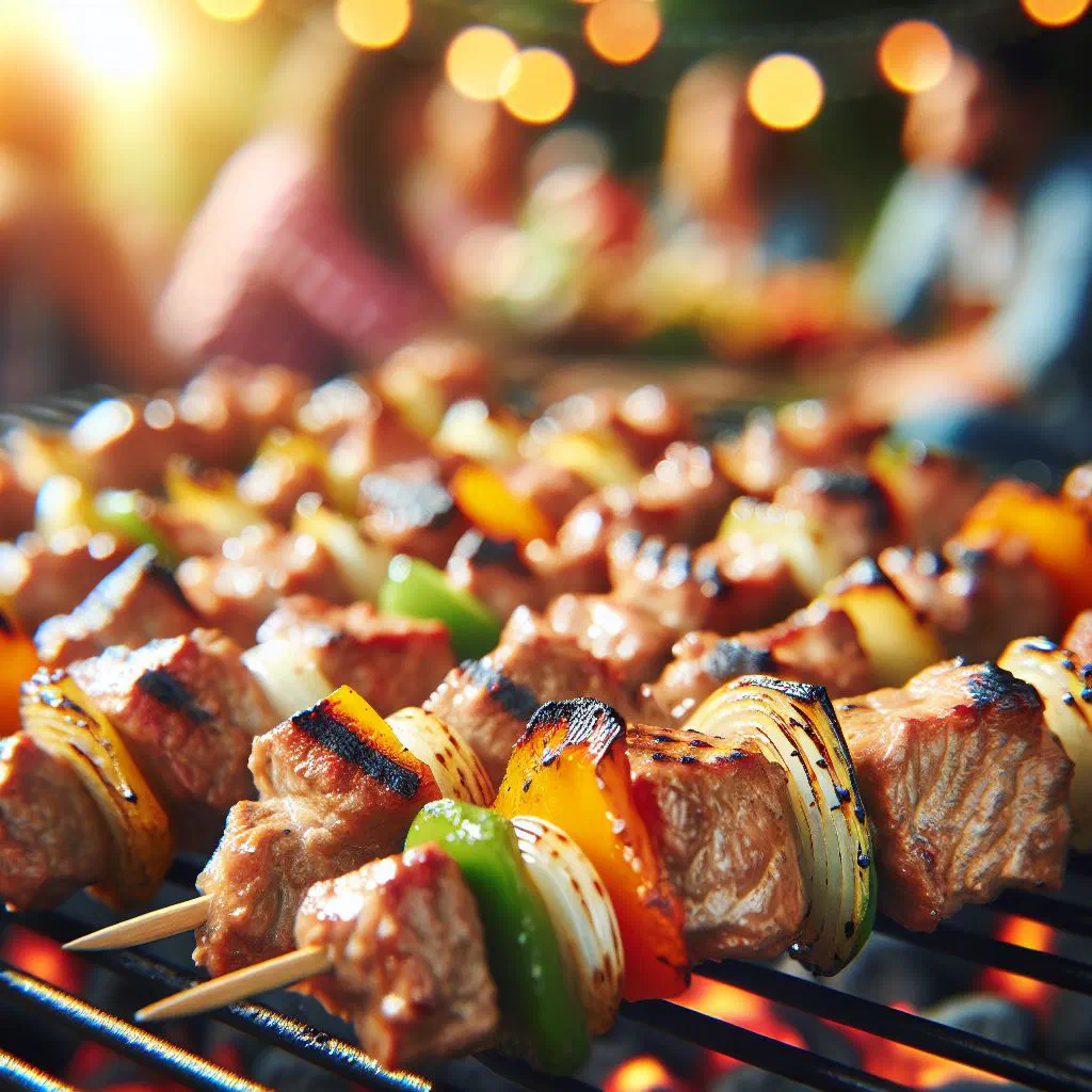Grilled Moldovan pork skewers with onion on a wooden board