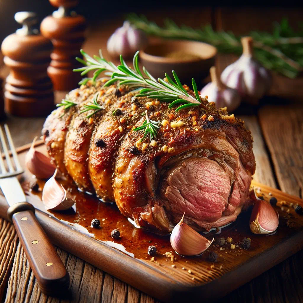 Roasted lamb pieces with garlic and fresh herbs on a wooden board