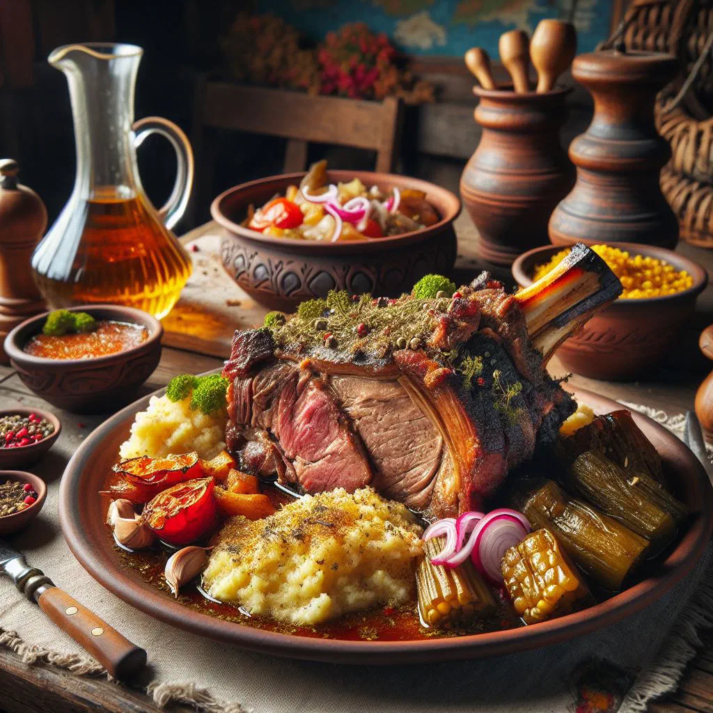 Grilled Moldovan pork friptură with fresh herbs and vegetables