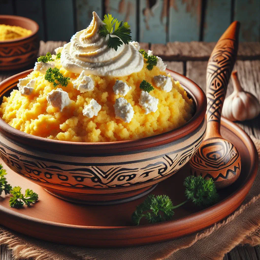 Golden cornmeal mamaliga topped with crumbled cheese and soured cream