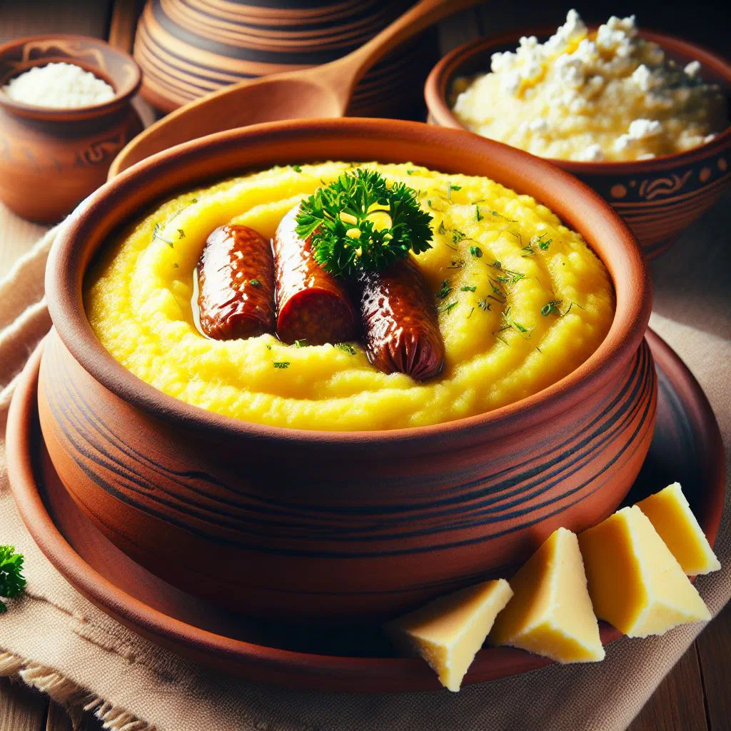 Golden mamaliga cornmeal porridge served with butter and crumbled cheese