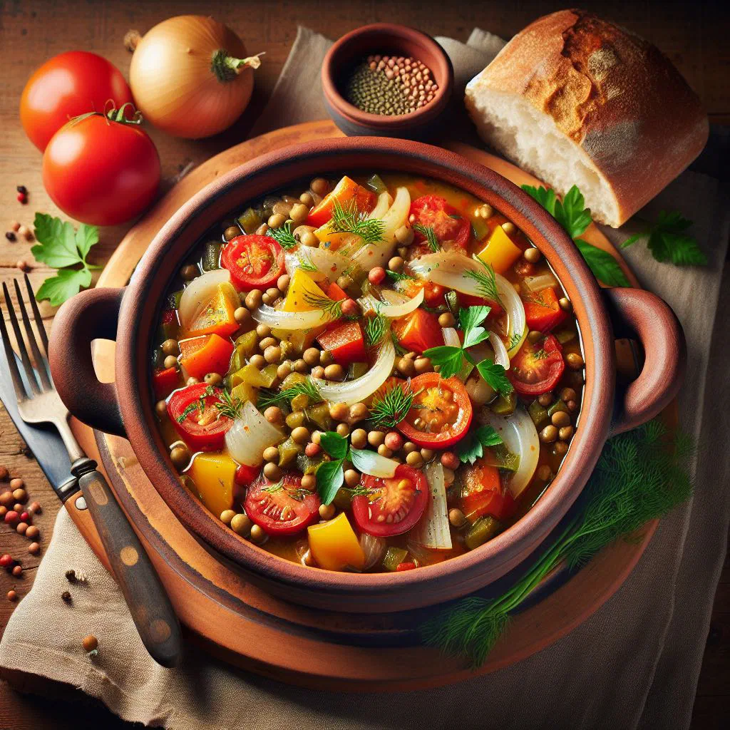 Bowl of Moldovan lentil stew with carrots and fresh herbs
