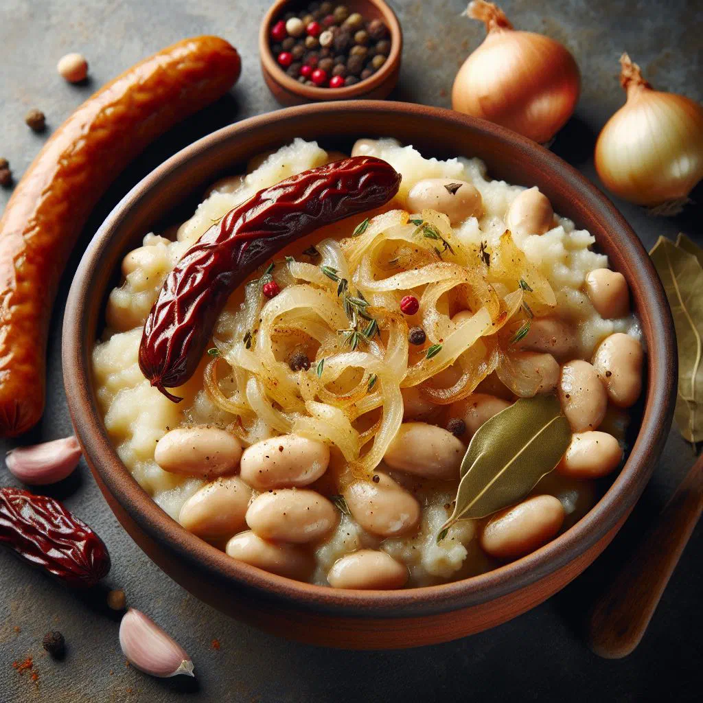 Creamy Moldovan bean purée topped with fried onions and fresh herbs