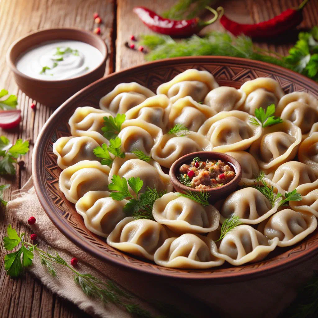 Boiled Moldovan pelmeni dumplings served with soured cream and fresh dill