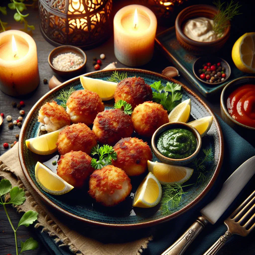 Golden fried Moldovan fish cakes with fresh dill and lemon slices
