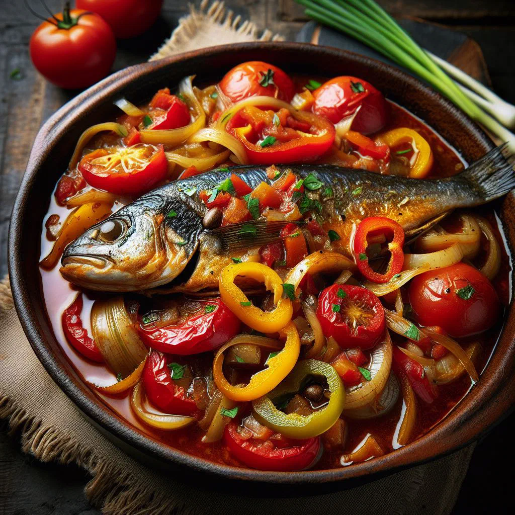 Baked fish fillets on a bed of onions and tomatoes, garnished with fresh dill