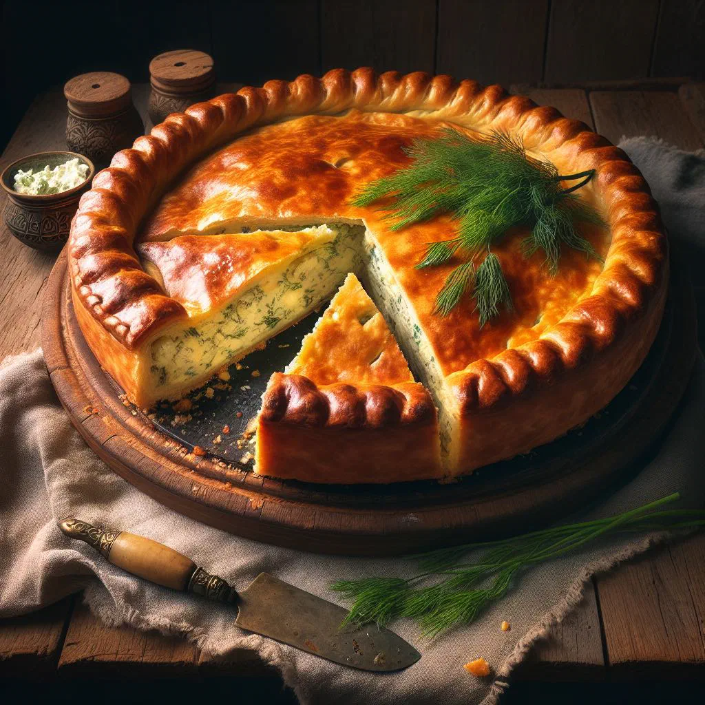 Golden pan-fried Moldovan plăcintă filled with cheese and dill, cut into wedges