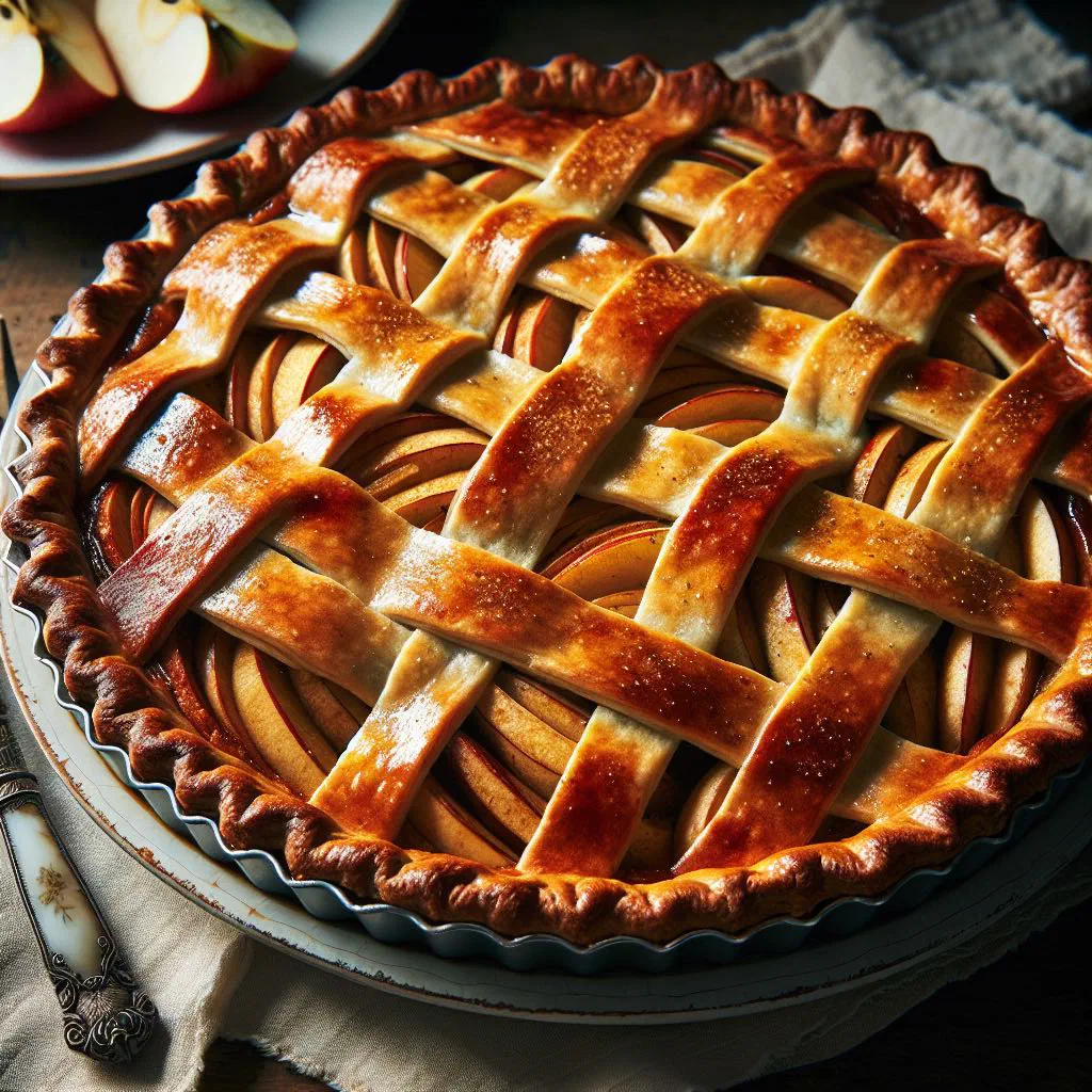 Golden Moldovan apple pastry dusted with icing sugar and cut into slices