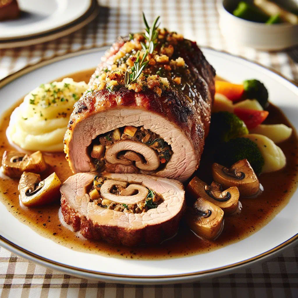 Sliced veal roulade with a herb and vegetable filling on a plate