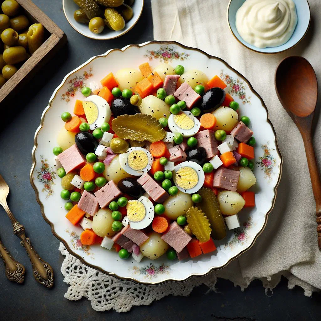 Bowl of Moldovan salată boeuf with diced beef, vegetables and mayonnaise