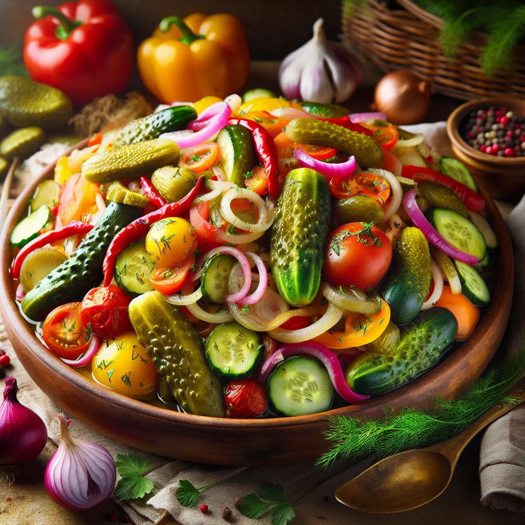 Moldovan pickled vegetable salad with onion and fresh greens in a bowl