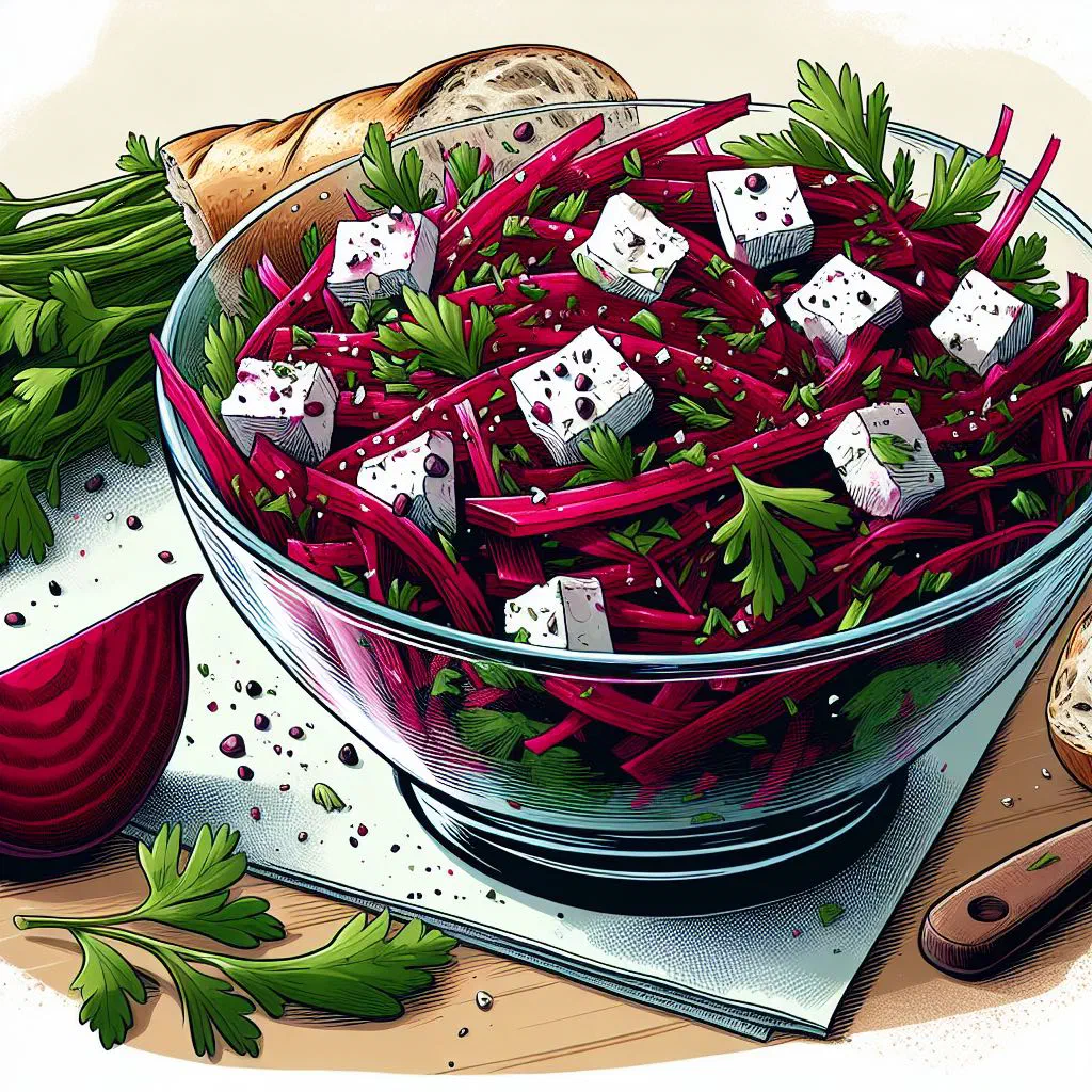 Bowl of diced beetroot salad dressed with oil and fresh herbs