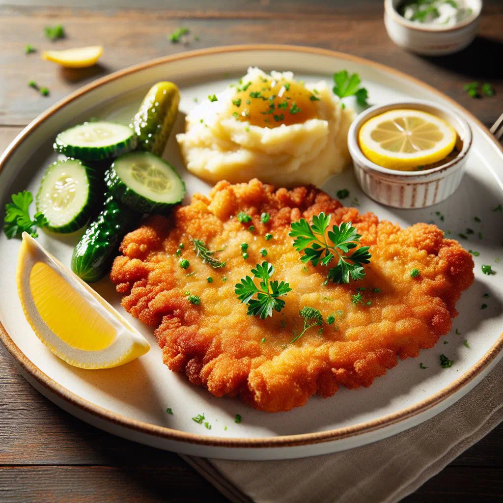 Golden pan-fried Moldovan schnitzel with parsley and lemon