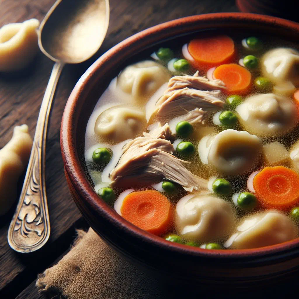 Bowl of Moldovan chicken soup with fluffy dumplings and fresh parsley