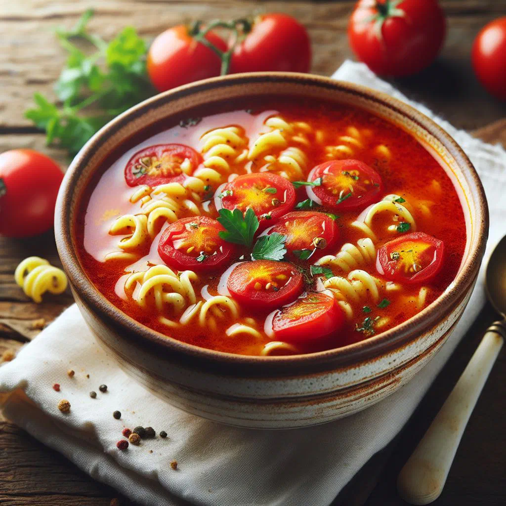 Bowl of Moldovan tomato soup with noodles and fresh herbs