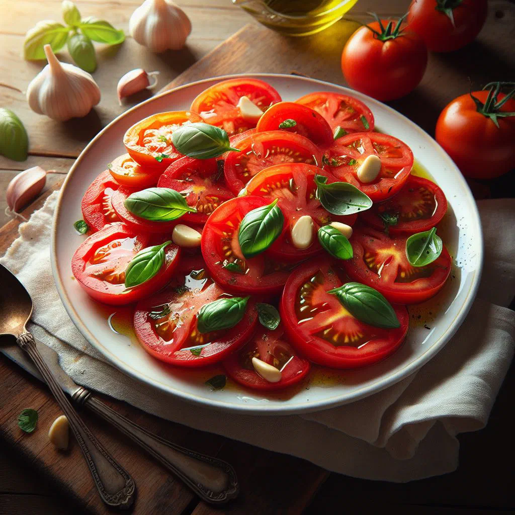 Moldovan tomato salad with peppers, onion and fresh herbs in a bowl