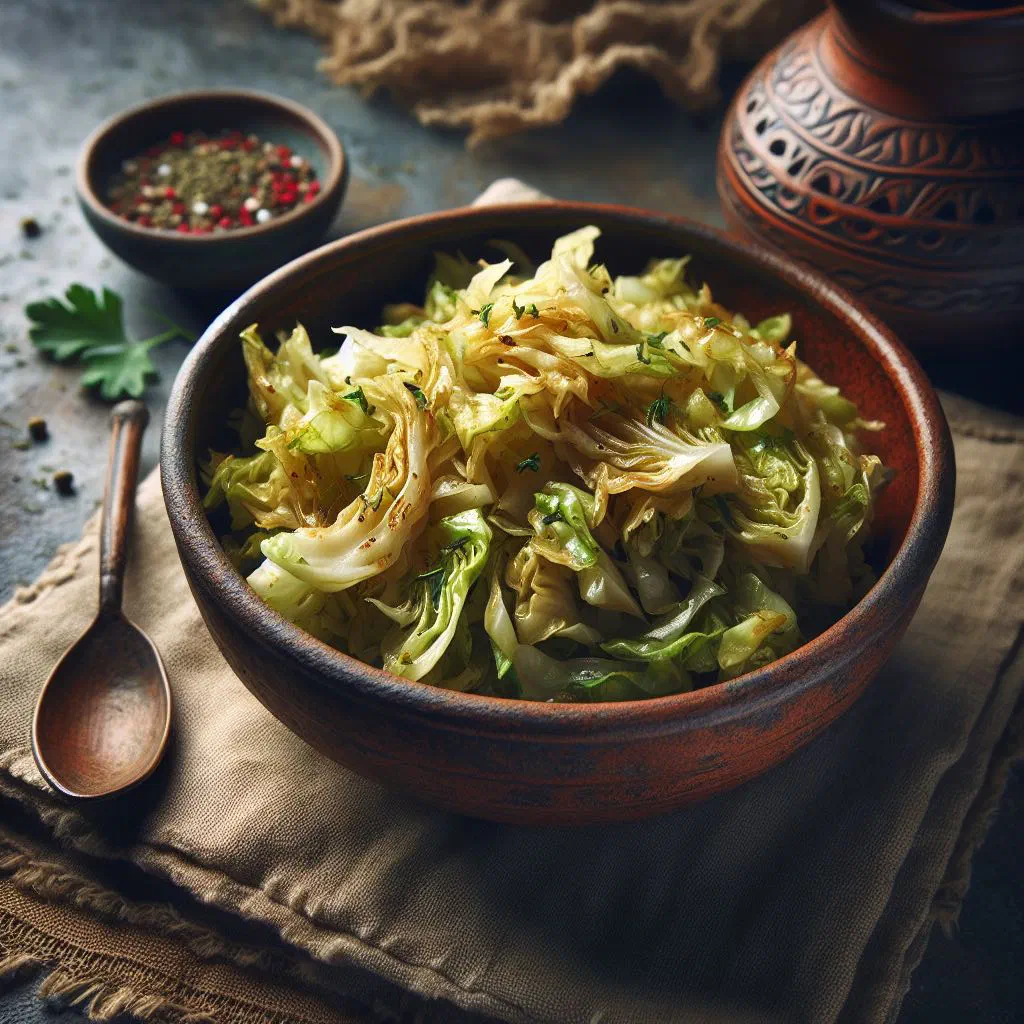 Braised white cabbage with tomatoes and parsley in a rustic bowl