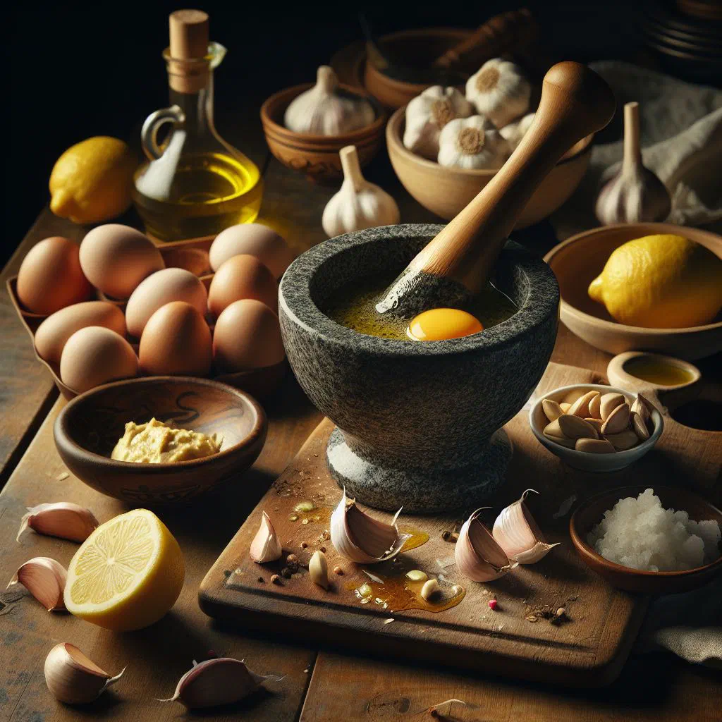 Bowl of creamy aïoli monégasque with garlic cloves and fresh vegetable sticks