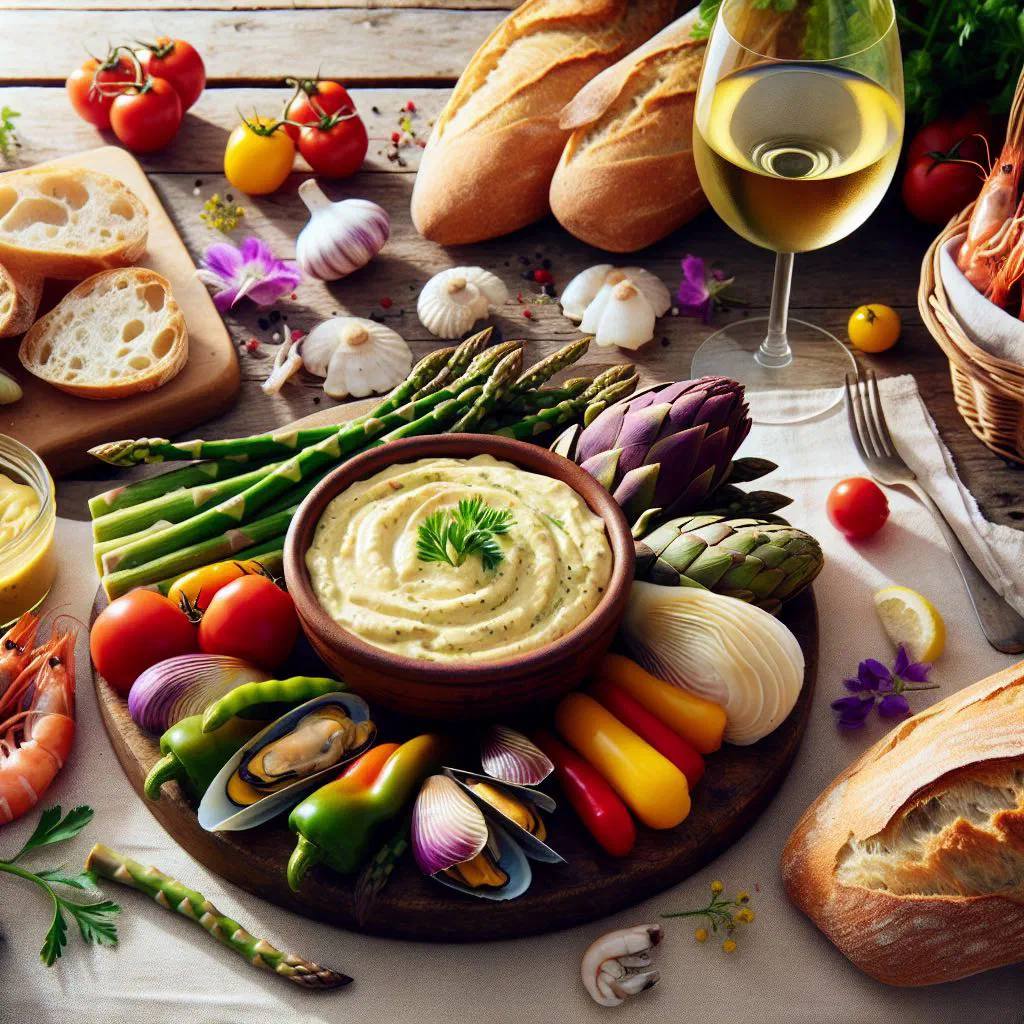 Creamy aioli in a bowl with garlic cloves and olive oil