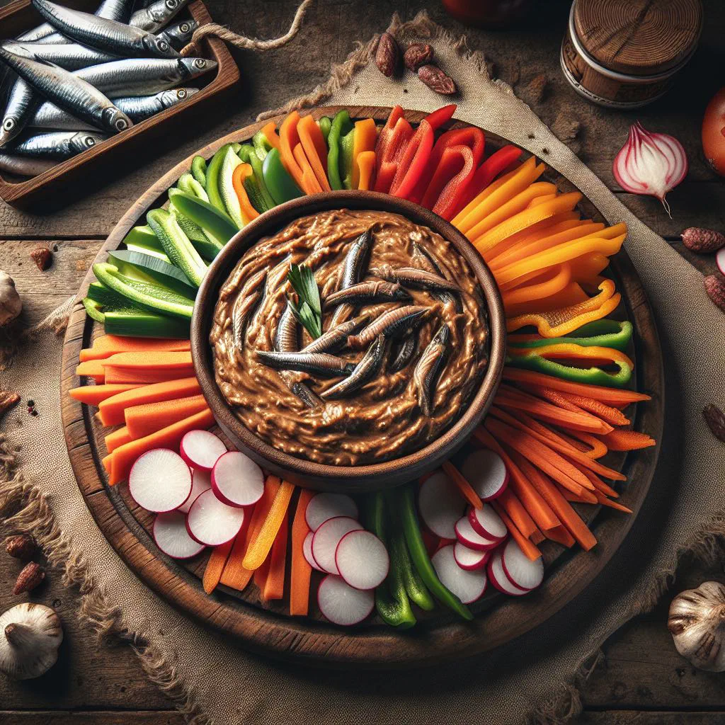 Anchoiade dip in a small bowl with crusty bread and raw vegetables