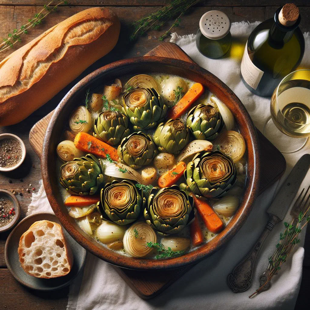 Braised artichokes with carrots, onion and herbs in olive oil broth