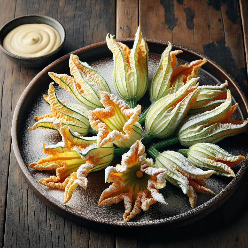 Golden deep-fried courgette flowers filled with ricotta, served with lemon wedges