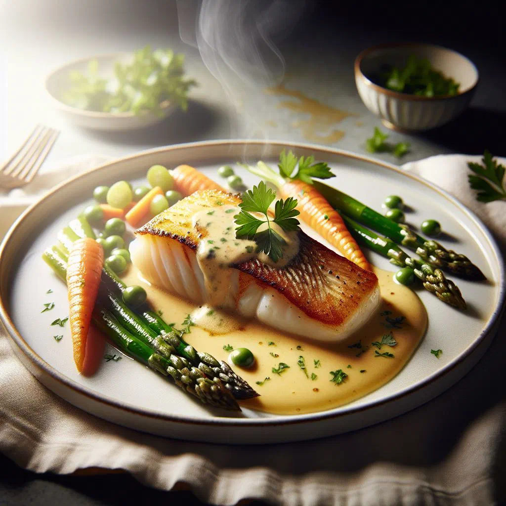 Creamy beurre blanc butter sauce spooned over a fillet of white fish