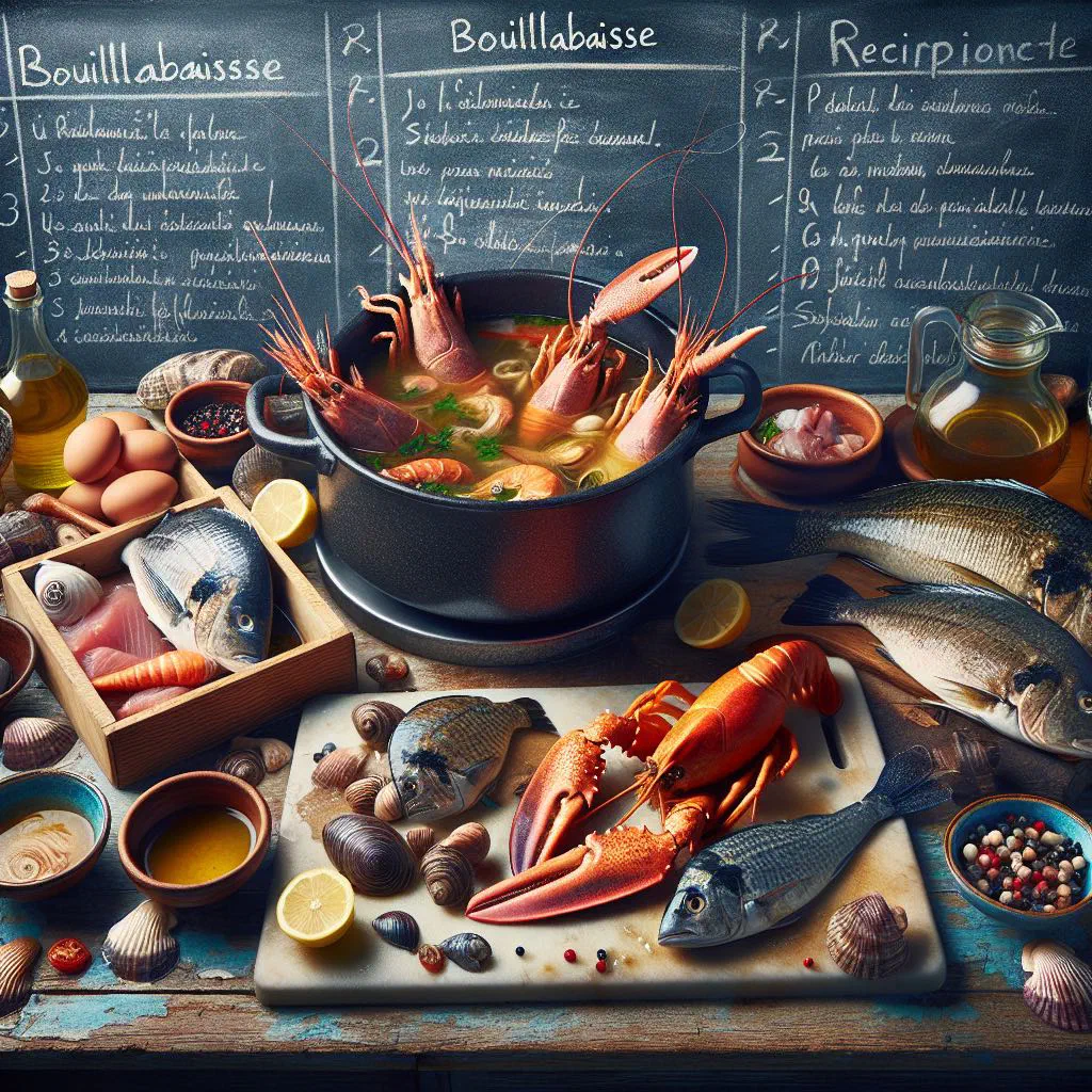 Bowl of bouillabaisse with fish, prawns and mussels in a tomato broth