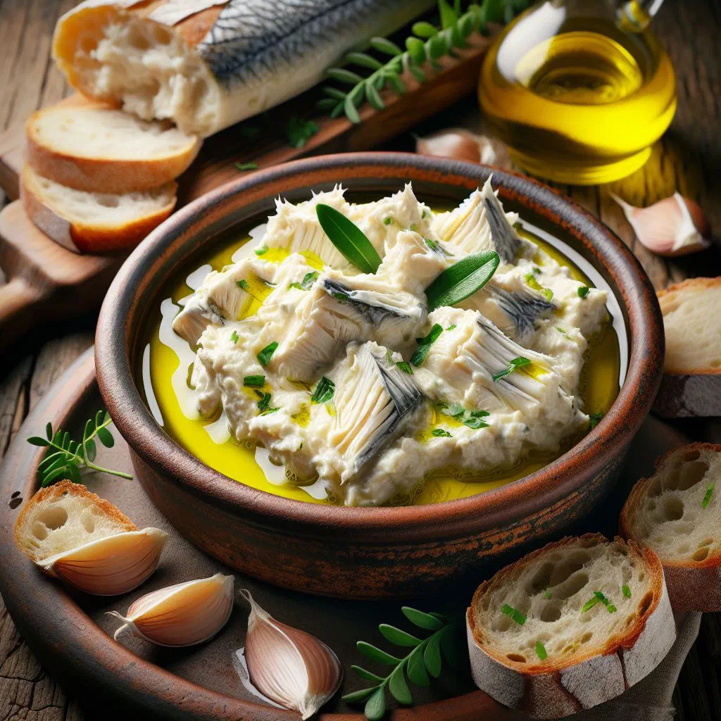 Creamy brandade de morue in a white bowl with parsley and toasted baguette