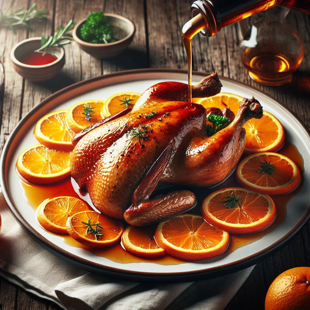 Sliced duck breast with glossy orange sauce and orange slices