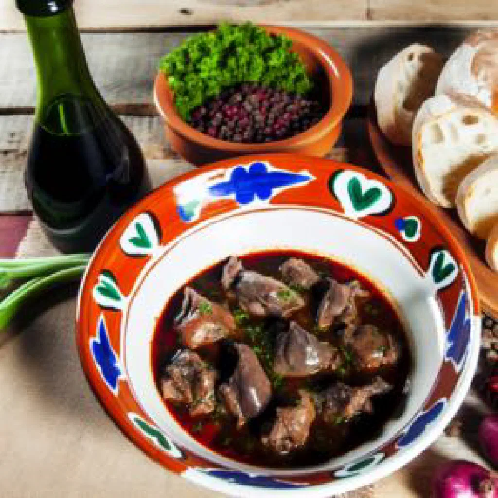 Rich rabbit stew in red wine sauce with carrots and fresh herbs