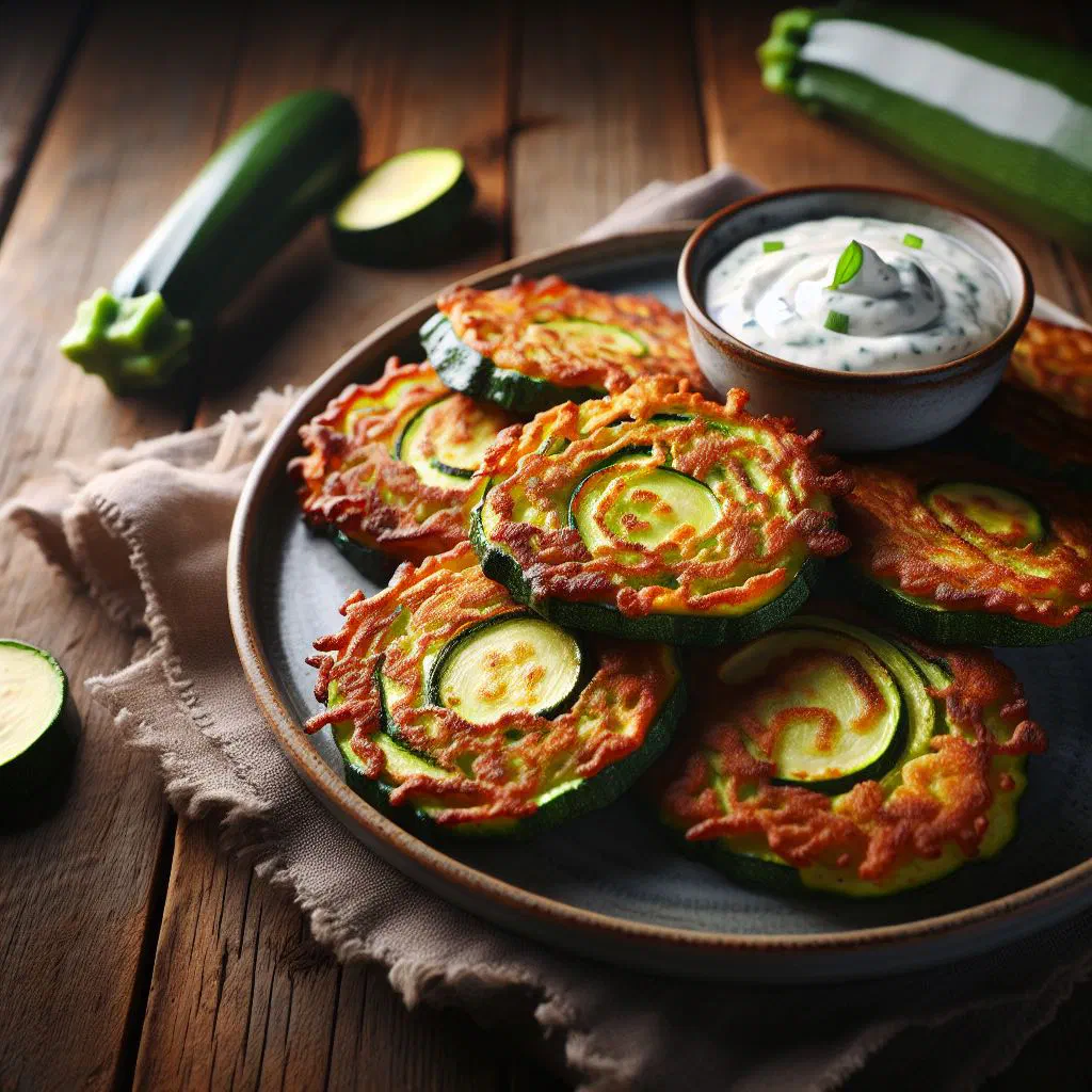 Golden courgette fritters on a plate with fresh herbs and lemon