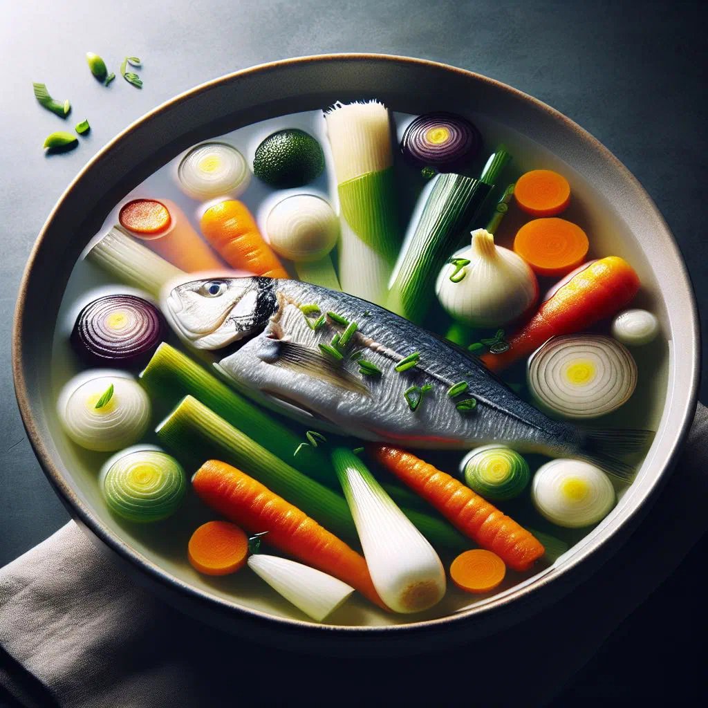 Poached fish fillet in a clear vegetable broth with herbs and lemon