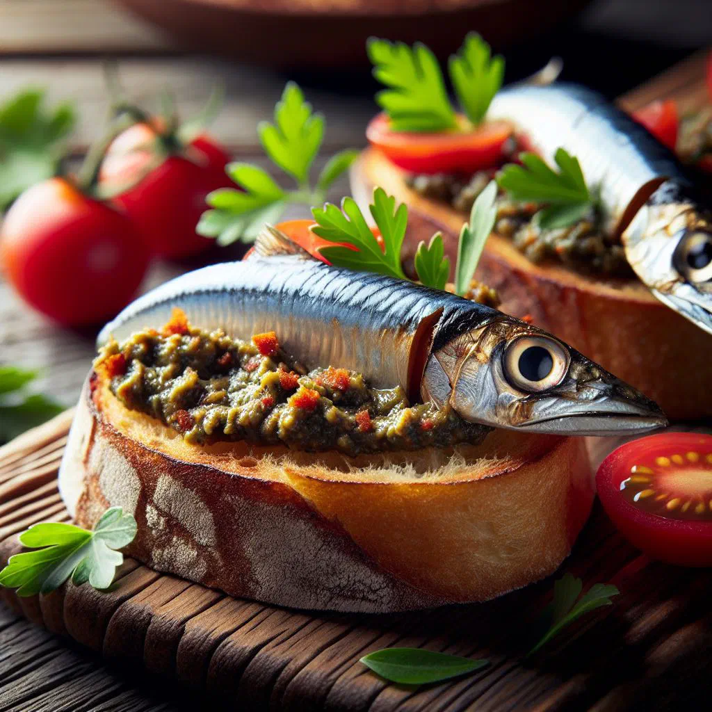 Toasted crostini topped with anchovy fillets, olive oil and fresh herbs