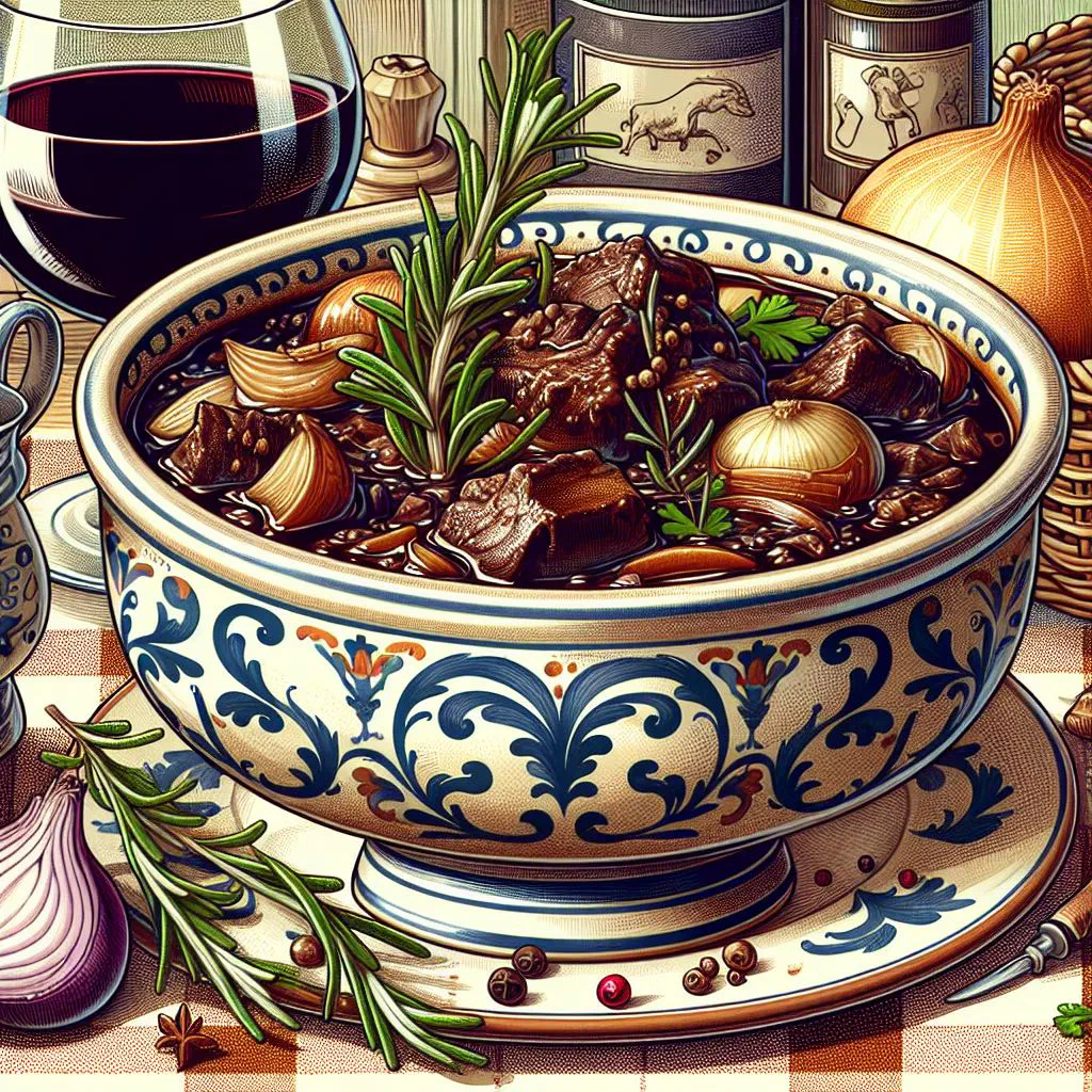 Rich red wine beef daube in a deep bowl with carrots and thyme