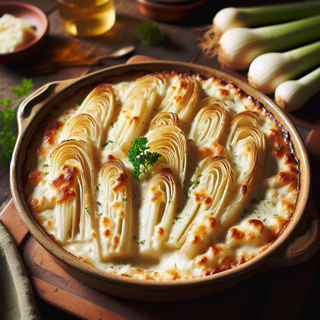 Golden baked fennel gratin in a dish with melted cheese and fresh thyme