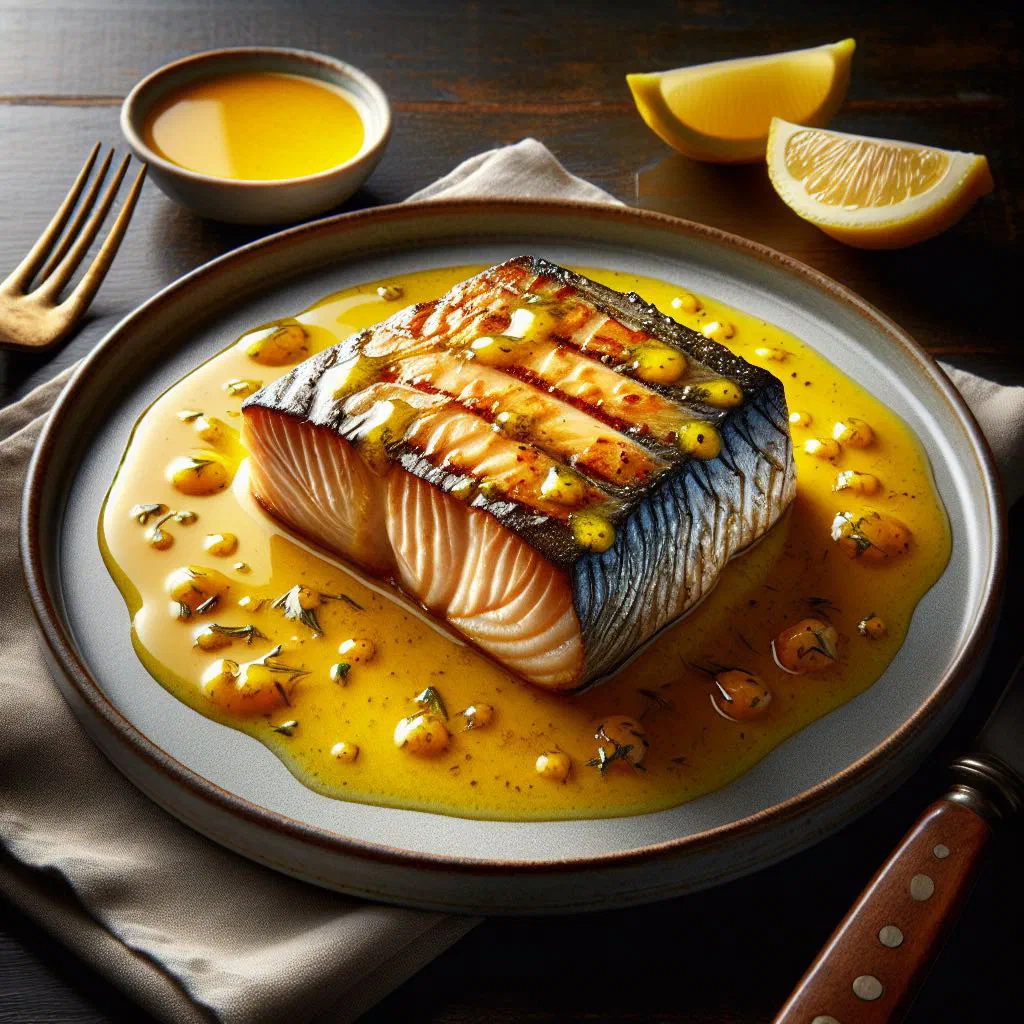 Pan-fried sea bass fillet with lemon sauce, thyme and lemon slices
