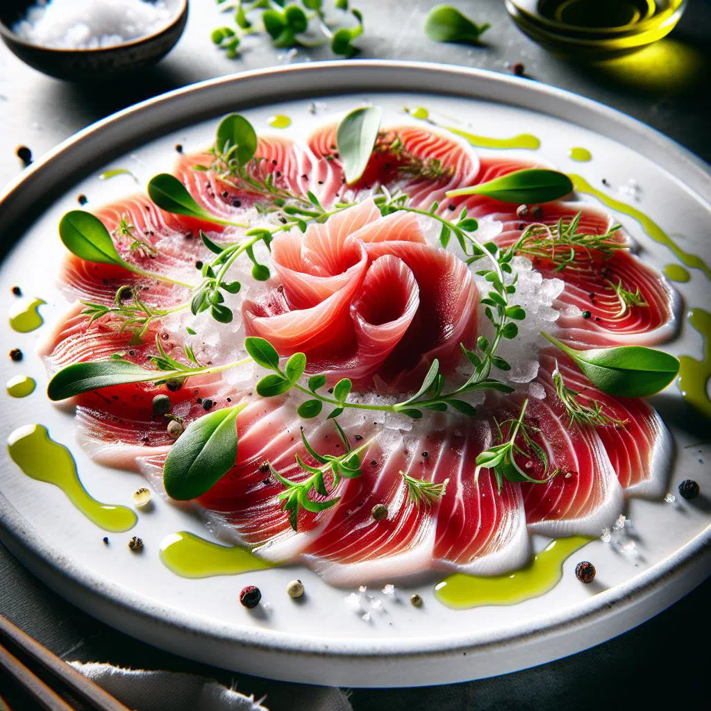 Thinly sliced fish carpaccio with olive oil, lemon and fresh herbs