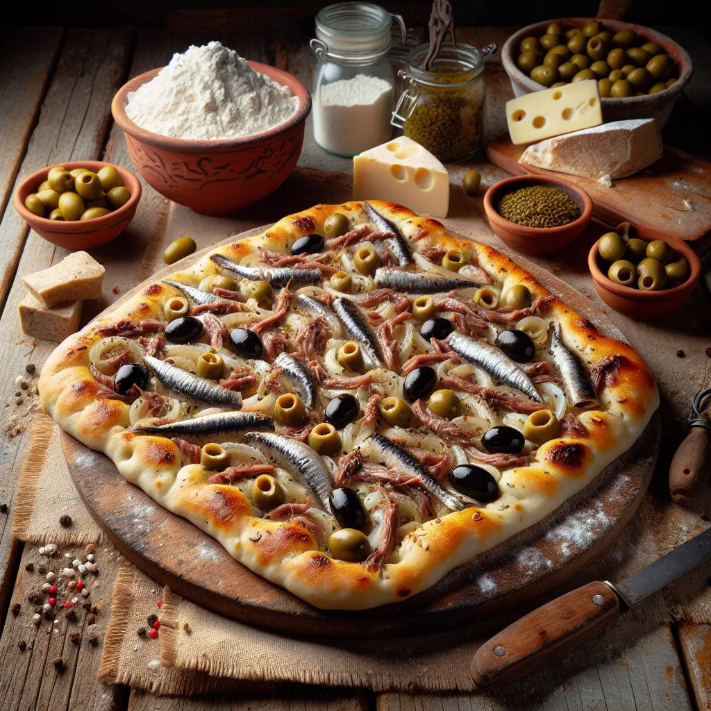 Golden fougasse flatbread with leaf-shaped slashes and fresh herbs