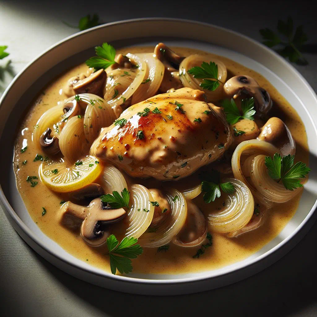 Chicken fricassée in a creamy white wine sauce with carrots and mushrooms, garnished with parsley