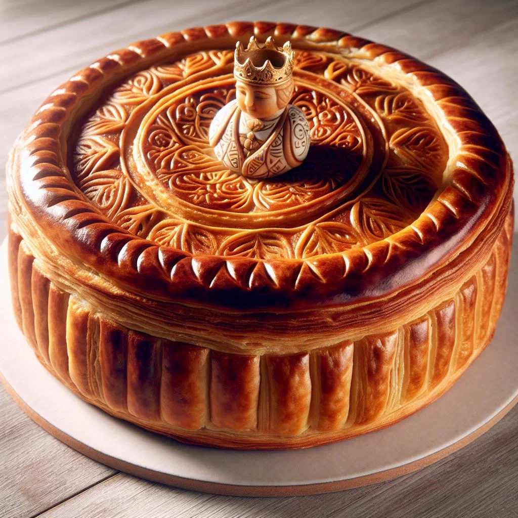Golden puff pastry galette des rois with a scored spiral top