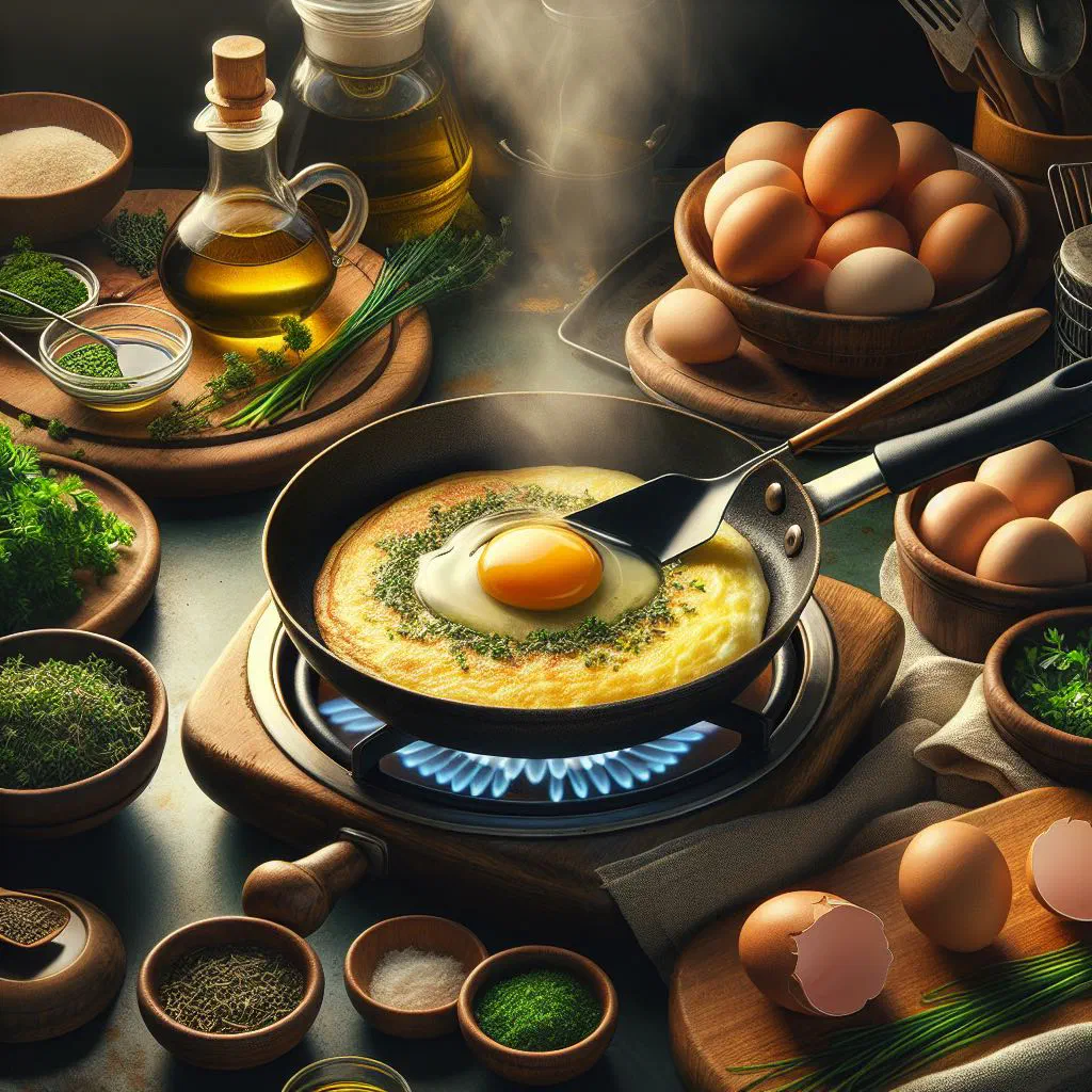 Folded herb omelette on a plate, scattered with fresh green herbs