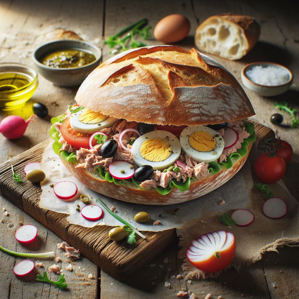 Pain bagnat sandwich filled with tuna, egg, tomato and black olives