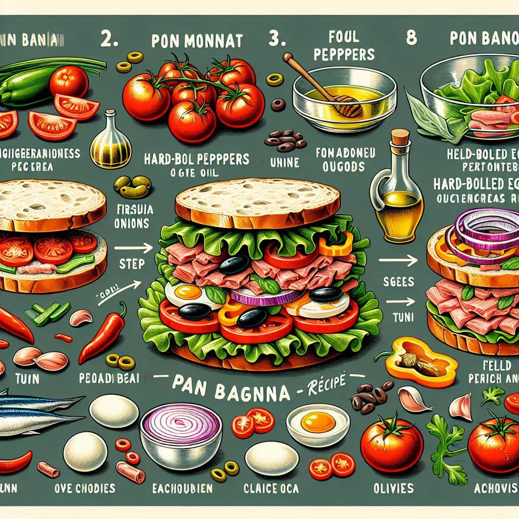 Pan bagnat sandwich filled with tuna, tomato, cucumber and basil