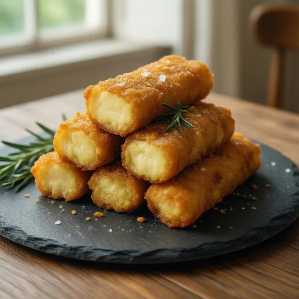 Golden fried panisse chickpea chips garnished with fresh herbs